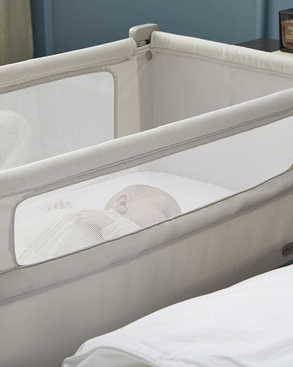 Shnuggle Air Lite Bedside Crib-With Firm, Hypoallergenic Mattress & Hammock Storage-Incline Option For Colic & Reflux-6 Positions Adjustable Height-Both Side Mesh Panels-For 0 to 6M (9 Kg)-Grey