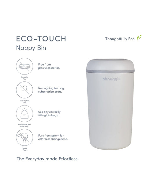 Shnuggle Eco-Touch Diaper Pail-With Dual seal odour airlock and Cassette free design-Compatible with any standard bin liner-White