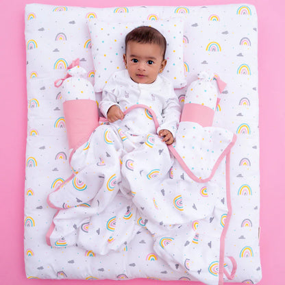 Aariro Silk Cotton Baby Bedding Set-Follow the Rainbow-White & Pink-For Infants