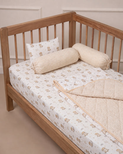 Twingle 100% Organic Muslin Sleepy Owls Baby Bedding Set-Pack of 5-Reversible Quilt, All-round Elastic Bedsheet, Pillow & Bolsters-White & Beige-For Infants