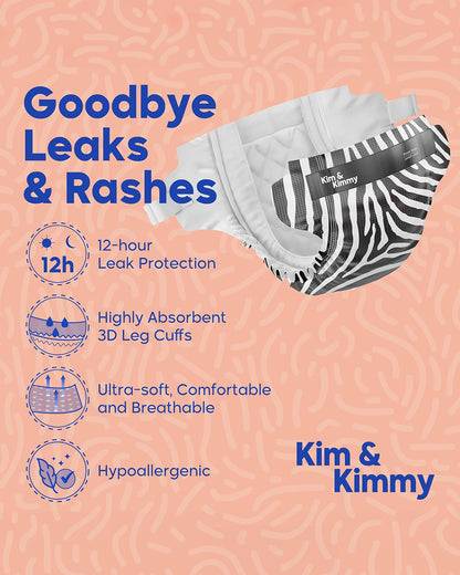 Kim & Kimmy Zebra Taped Diapers-NB (Upto 5Kg)-With Wetness Indicator