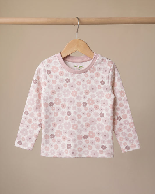 Twingle 100% Organic Cotton T-shirt-No Itchy Neck Tags-Shoulder Snaps for Easy Dressing-Long Sleeves-Floral Print-White-For Infants
