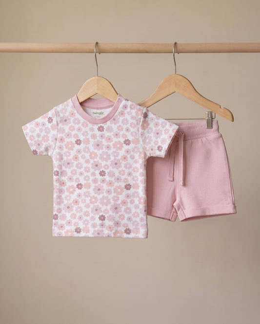 Twingle 100% Organic Cotton T-shirt & Shorts Set-No Itchy Tags-Shoulder Snaps for Easy Dressing-Soft Adjustable Waistband-Short Sleeves-Floral Print-Pastel Pink-For Infants