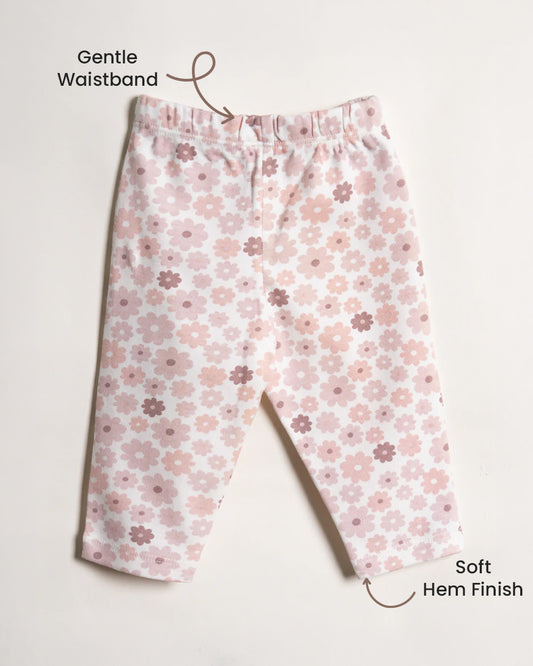 Twingle 100% Organic Cotton Leggings-Soft Elasticated Waistband-No Itchy Tags-Hearts & Stars & Floral Print-White & Pastel Pink-Pack of 2-For Infants