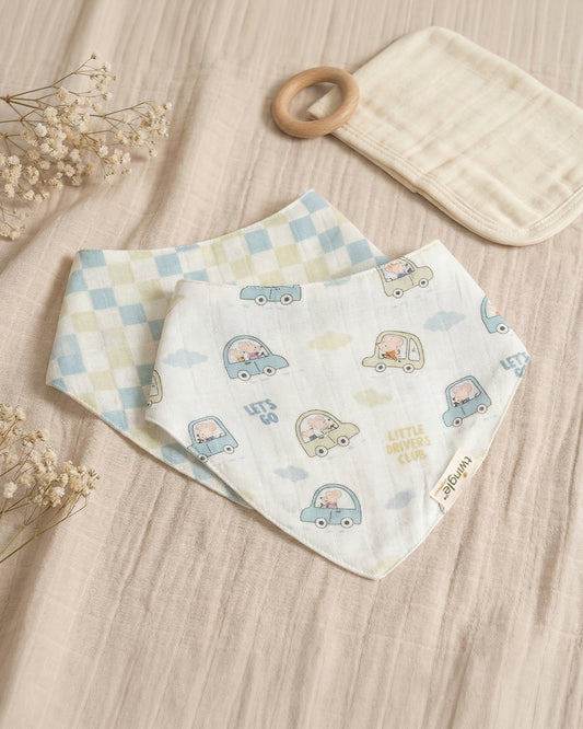 Twingle 100% Organic Muslin Bandana Bib-Dual Layer for Maximum Absorbency-Trusted YKK Snaps-Drivers & Checks Print-Pack of 2-For Infants