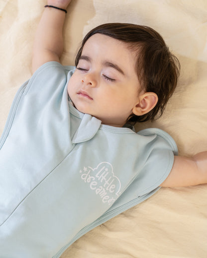 Twingle 100% Organic Cotton Sleeping Bag with Inbuilt Mittens-Snug Fit & Arms Up Design for Natural Body Posture-Zip Guard to Protect Baby's Chin & Neck-Two Way Zipper for Easy Diaper Change-Solid-Misty Blue-For Infants