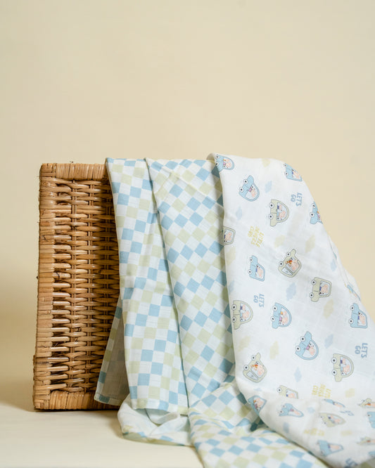 Twingle 100% Organic Muslin Swaddles-Bigger than Standard Swaddles-Supports Natural Airflow-Soft Gentle Edges-Little Drivers & Checkered Chaos Print-White & Blue-Pack of 2-Infant Wraps