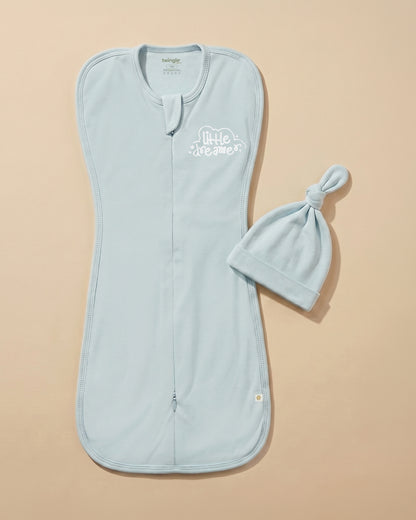 Twingle 100% Organic Cotton Sleeping Bag with Beanie-Snug Fit & Arms Up Design for Natural Body Posture-Zip Guard to Protect Baby's Chin & Neck-Two Way Zipper for Easy Diaper Change-Solid-Misty Blue-For Infants