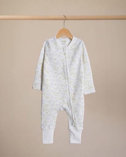 Twingle 100% Organic Cotton Sleepsuit-Zip Guard to Protect Baby's Chin & Neck-Two Way Zipper for Easy Diaper Change-Inbuilt Booties & Mittens-Dino Print-White-For Infants