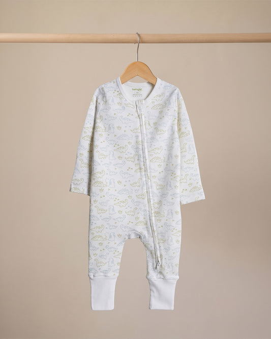 Twingle 100% Organic Cotton Sleepsuit-Zip Guard to Protect Baby's Chin & Neck-Two Way Zipper for Easy Diaper Change-Inbuilt Booties & Mittens-Dino Print-White-For Infants