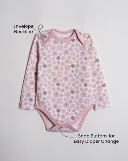 Twingle 100% Organic Cotton Bodysuit-Envelope Neck for Easy Dressing-Nickel Free Snaps-Long Sleeves-Floral Print-Pastel Pink-For Infants