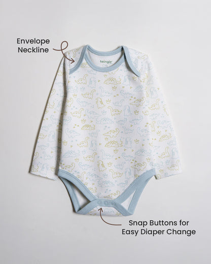 Twingle 100% Organic Cotton Bodysuit-Envelope Neck for Easy Dressing-Nickel Free Snaps-Long Sleeves-Dino Print-White-For Infants