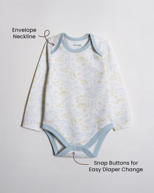 Twingle 100% Organic Cotton Bodysuit with Leggings-Envelope Neck for Easy Dressing-No Itchy Tags-Soft Elasticated Waistband-Long Sleeves-Dino Print-White-For Infants