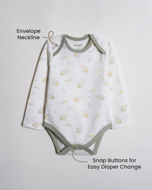 Twingle 100% Organic Cotton Bodysuit-Envelope Neck for Easy Dressing-Nickel Free Snaps-Long Sleeves-Elephant Print-White-For Infants
