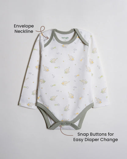 Twingle 100% Organic Cotton Bodysuits-Envelope Neck for Easy Dressing-Nickel Free Snaps-Long Sleeves-Elephant & Dino Print-White-Pack of 2-For Infants