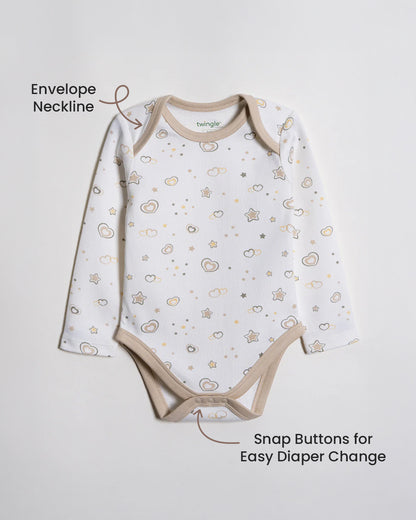 Twingle 100% Organic Cotton Bodysuit-Envelope Neck for Easy Dressing-Nickel Free Snaps-Long Sleeves-Hearts & Stars Print-White-For Infants