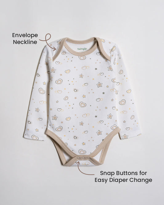 Twingle 100% Organic Cotton Bodysuit-Envelope Neck for Easy Dressing-Nickel Free Snaps-Hearts & Stars Print-Beige-Pack of 2-For Infants
