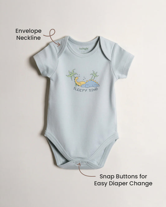 Twingle 100% Organic Cotton Bodysuit-Envelope Neck for Easy Dressing-Nickel Free Snaps-Short Sleeves-Solid-Light Blue-For Infants