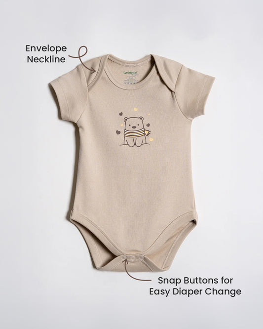 Twingle 100% Organic Cotton Bodysuit-Envelope Neck for Easy Dressing-Nickel Free Snaps-Short Sleeves-Solid-Beige-For Infants