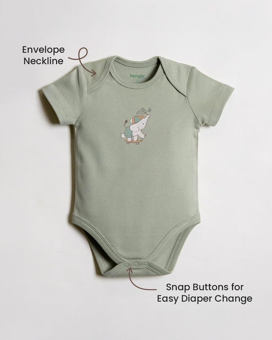 Twingle 100% Organic Cotton Bodysuit-Envelope Neck for Easy Dressing-Nickel Free Snaps-Short Sleeves-Solid-Sage Green-For Infants