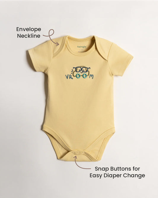 Twingle 100% Organic Cotton Bodysuit-Envelope Neck for Easy Dressing-Nickel Free Snaps-Short Sleeves-Solid-Yellow-For Infants
