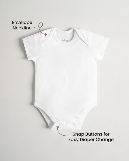 Twingle 100% Organic Cotton Bodysuit Vest-Envelope Neck for Easy Dressing-No Itchy Neck Tags-Short Sleeves-Solid-White-Pack of 3-For Infants