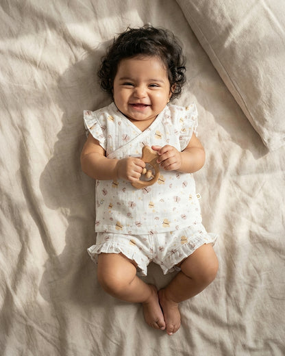 Twingle 100% Organic Muslin Jhabla & Shorts Set-Kimono Opening for Easy Dressing-Soft Elasticated Waistband-Butterfly-White-For Infants