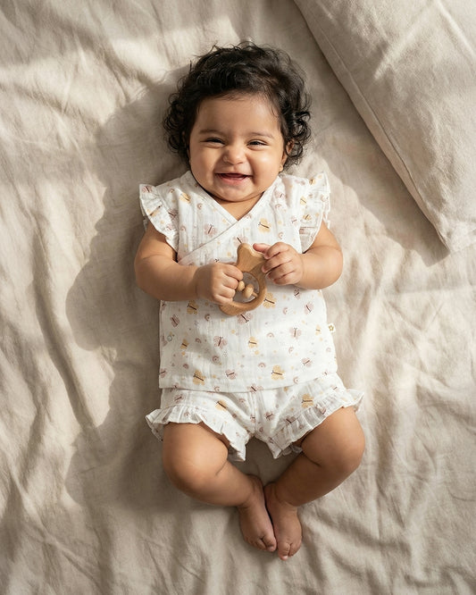 Twingle 100% Organic Muslin Jhabla & Shorts Set-Kimono Opening for Easy Dressing-Soft Elasticated Waistband-Butterfly-White-For Infants