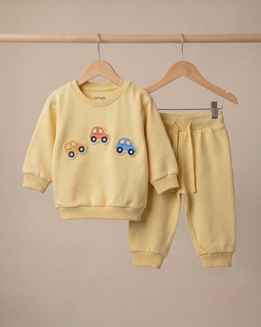 Twingle 100% Organic Cotton Jogger Set-Hypoallergenic Fabric-No Itchy Tags-Soft Elasticated Waistband-Long Sleeves-Solid-Yellow-For Infants