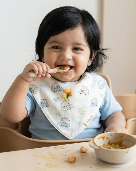 Twingle 100% Organic Muslin Bandana Bib-Dual Layer for Maximum Absorbency-Trusted YKK Snaps-Drivers & Checks Print-Pack of 2-For Infants