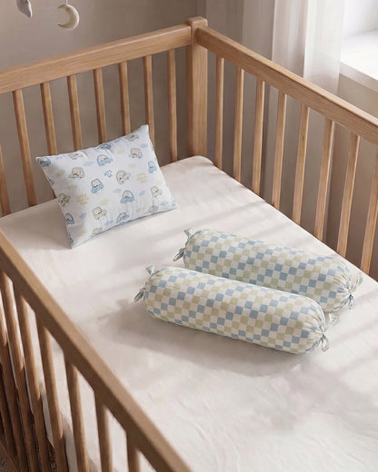 Twingle 100% Organic Muslin Little Drivers Baby Bedding Set-Pack of 5-Reversible Quilt, All-round Elastic Bedsheet, Pillow & Bolsters-White & Blue-For Infants