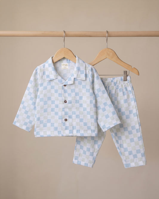 Twingle 100% Organic Muslin Nightsuit-Prevents Overheating-Naturally Temperature Regulating for Better Sleep-Soft Elasticated Waistband-Checkered Chaos-White-For Infants