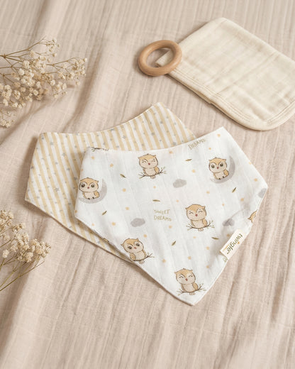 Twingle 100% Organic Muslin Bandana Bib-Dual Layer for Maximum Absorbency-Trusted YKK Snaps-Owls & Stars Print-Pack of 2-For Infants