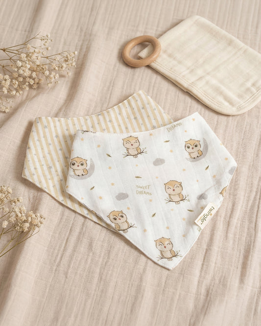 Twingle 100% Organic Muslin Bandana Bib-Dual Layer for Maximum Absorbency-Trusted YKK Snaps-Owls & Stars Print-Pack of 2-For Infants