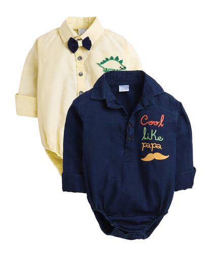 Polka Tots Yellow & Blue Romper-Printed-Cotton-Pack Of 2-For Infants