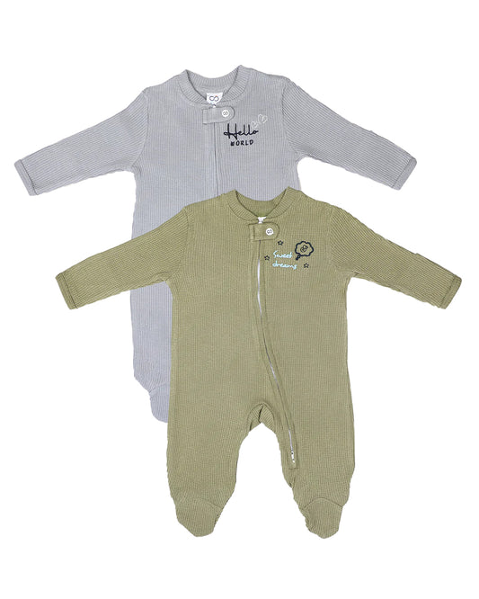 BabyCo Organics Olive & Grey Footie Sleepsuit-Cotton-Pack Of 2-For Infants