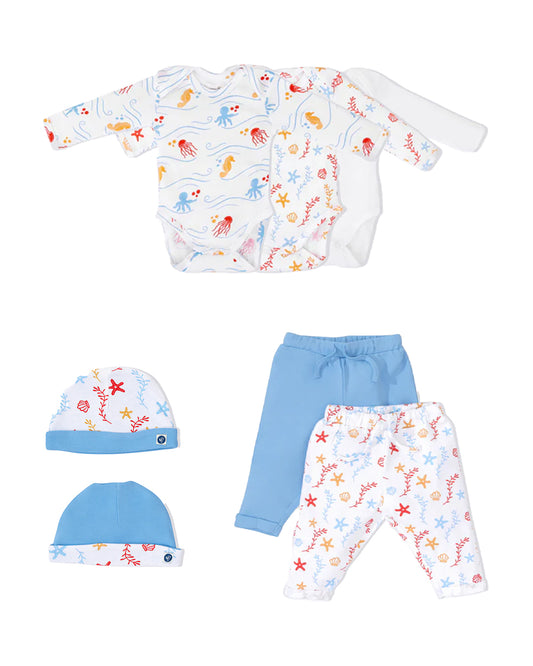 Cotton Bug White & Multicolor Bodysuit Sets with Caps-Organic Cotton-Sea World-Pack of 3-For Infants