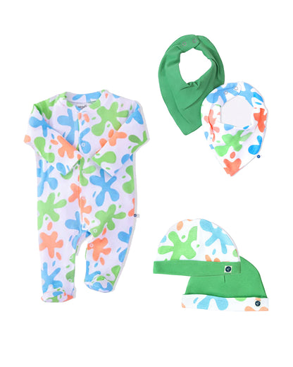 Cotton Bug White & Green Sleepsuit with Bibs & Caps-Organic Cotton-Art Splash-For Infants