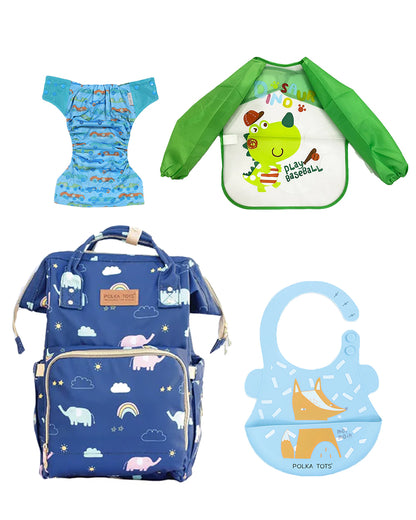 Polka Tots Multi-function Diaper Bag-Backpack With Waterproof Silicone Bib (Adjustable Snap Buttons-Blue), Full Sleeves Waterproof Washable Apron Feeding Bib (Baseball) & Bamboo Charcoal Cloth Diaper With Insert (Cars-2 to 24M)