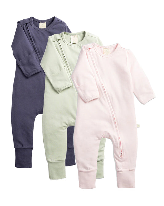 Tiny Twig Multicolor Solid Diagonal Zipsuit-Onesie-Organic Cotton-Pack Of 3-For Infants