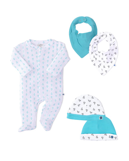 Cotton Bug White & Blue Sleepsuits with Bibs & Caps-Organic Cotton-Anchor-For Infants