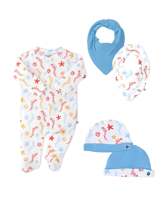 Cotton Bug White & Multicolor Sleepsuits with Bibs & Caps-Organic Cotton-Sea World-For Infants