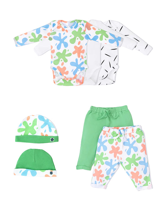 Cotton Bug White & Multicolor Bodysuit Sets with Caps-Organic Cotton-Art Splash-Pack of 3-For Infants