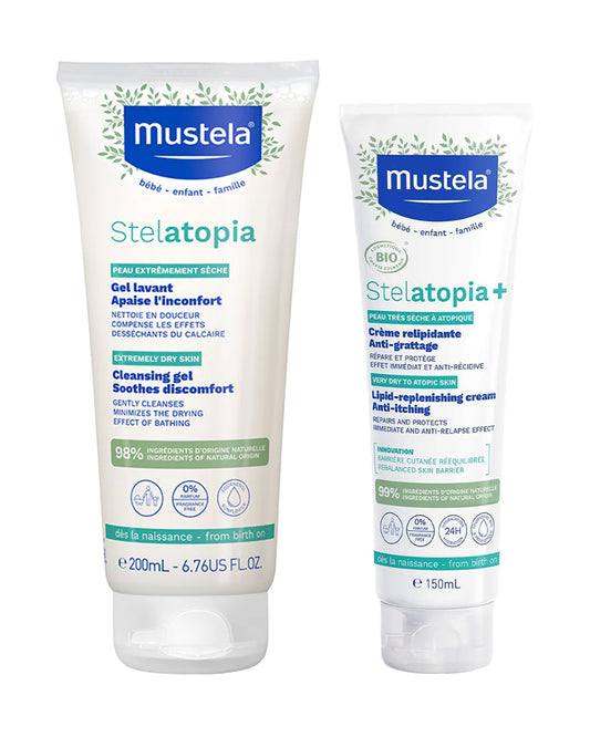Mustela Stelatopia-Cleansing Gel (200 ml) With Lipid Replenishing Cream (150 ml)-For Extremely Dry Skin-Dermatologically Tested & Safe From Birth On