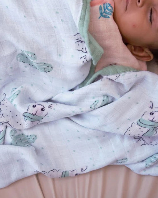 Cocoon Care 4 Layer Reversible Lama Greens Blanket-Bamboo Muslin-For Infants