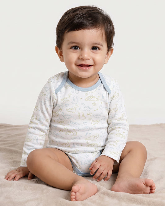 Twingle 100% Organic Cotton Bodysuit-Envelope Neck for Easy Dressing-Nickel Free Snaps-Long Sleeves-Dino Print-White-For Infants
