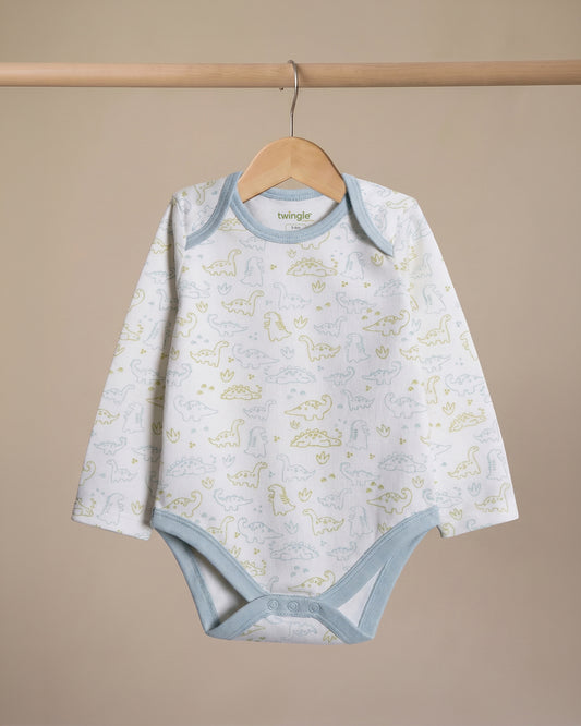 Twingle 100% Organic Cotton Bodysuit-Envelope Neck for Easy Dressing-Nickel Free Snaps-Long Sleeves-Dino Print-White-For Infants