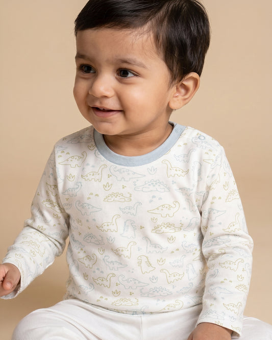 Twingle 100% Organic Cotton T-shirt-No Itchy Neck Tags-Shoulder Snaps for Easy Dressing-Long Sleeves-Dino Print-White-For Infants