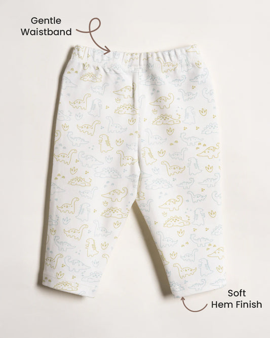Twingle 100% Organic Cotton T-shirt & Leggings Set-No Itchy Tags-Shoulder Snaps for Easy Dressing-Soft Adjustable Waistband-Long Sleeves-Dino Print-White-For Infants