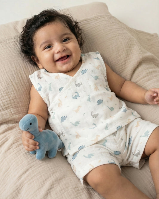 Twingle 100% Organic Muslin Jhabla & Shorts Set-Kimono Opening for Easy Dressing-Soft Elasticated Waistband-Dino-White-For Infants